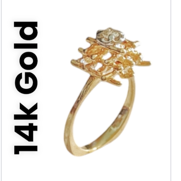 14K Solid Gold Brutalist Diamond Ring. One-of-a-Kind Architectural Design – 5.25 - Picture 6 of 9